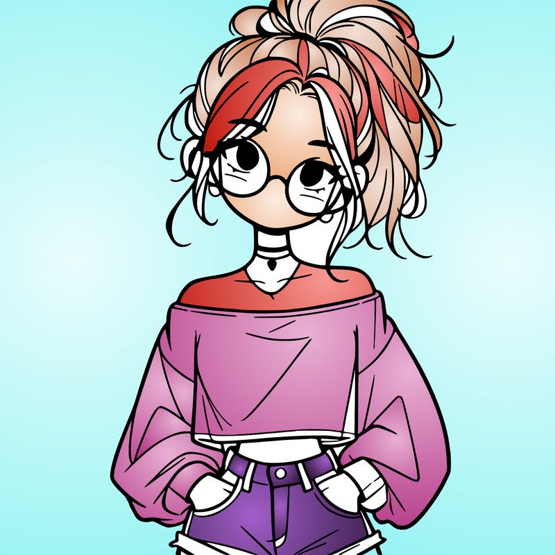 girl with a messy ponytail glasses a baggy crop top and jean shorts