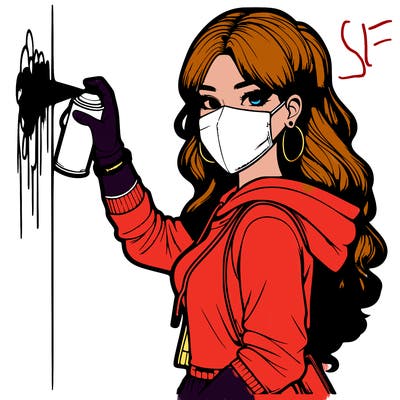 realistic girl with mask spray painting a wall
