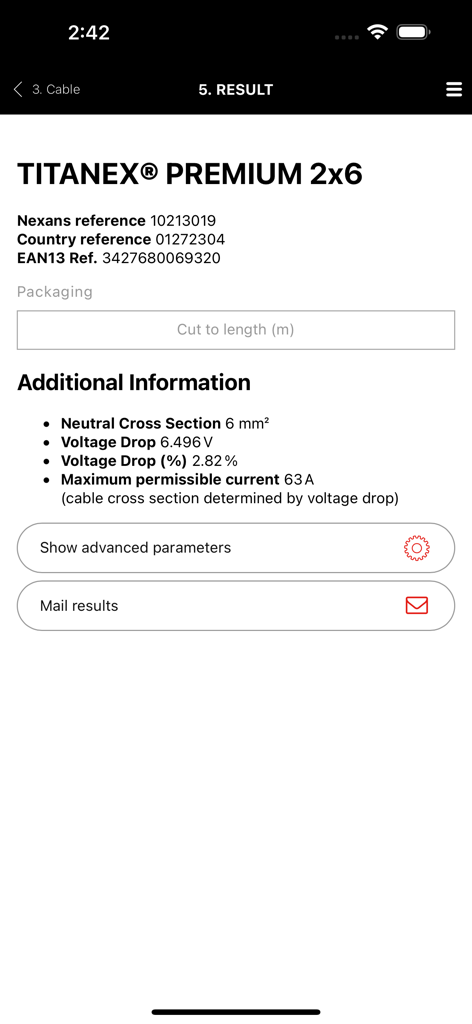 Nexans - Nexans app EasyCalc results screen showing technical data for Titanex Premium cable