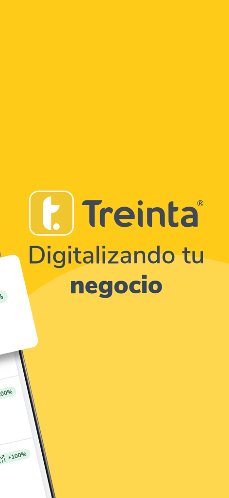 Logo de la app Treinta y eslogan Digitalizando tu negocio sobre un fondo amarillo