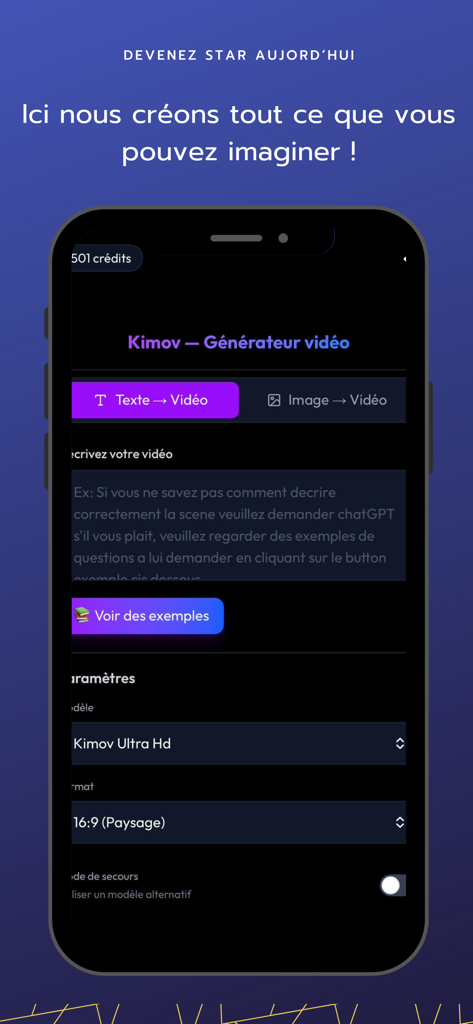 Kimov - Una captura de pantalla de la aplicación Kimov AI que muestra la interfaz de creación de texto a vídeo con configuraciones personalizadas.