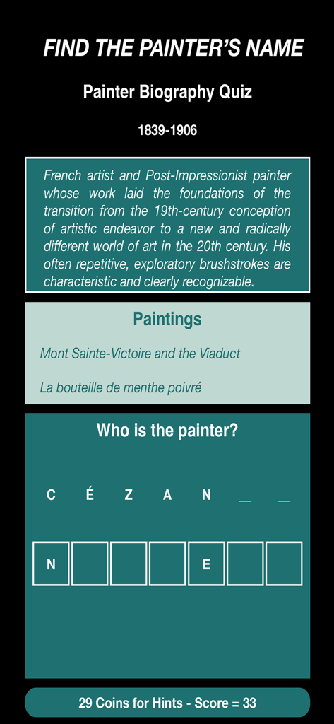 Learn Art - A painter biography quiz screen in the Learn Art app featuring an art history challenge.