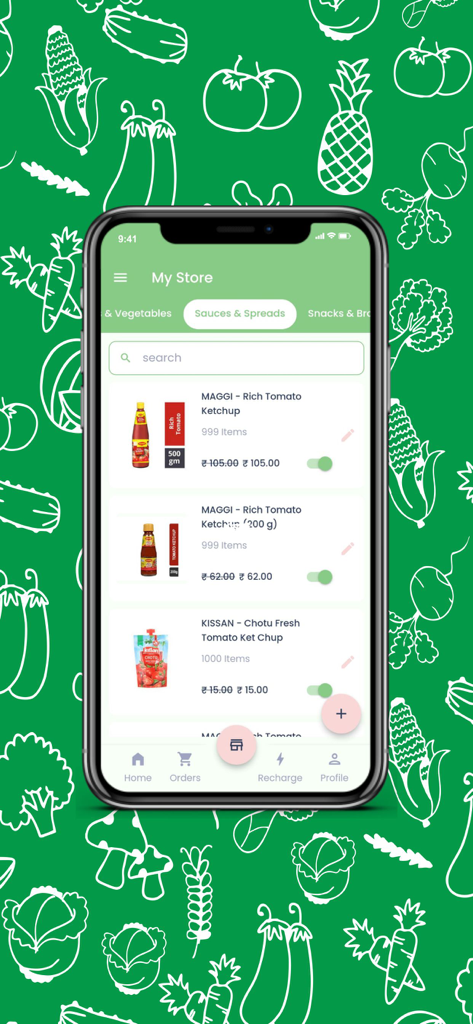 FoodBoss Seller - Product inventory list for sauces and spreads in the FoodBoss Seller app