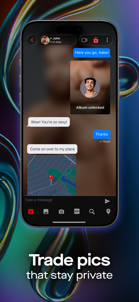 A screenshot of the SCRUFF app's secure chat interface showing private photo album unlocking and location sharing.