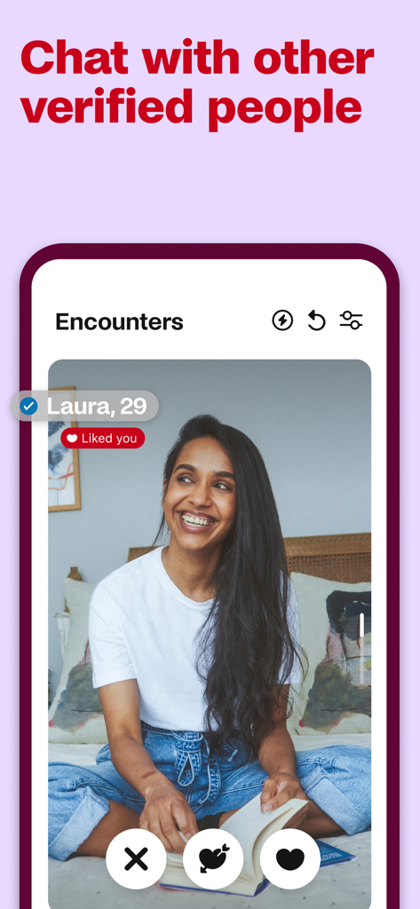 Badoo app interface showing a verified profile of a woman named Laura in the Encounters feature.