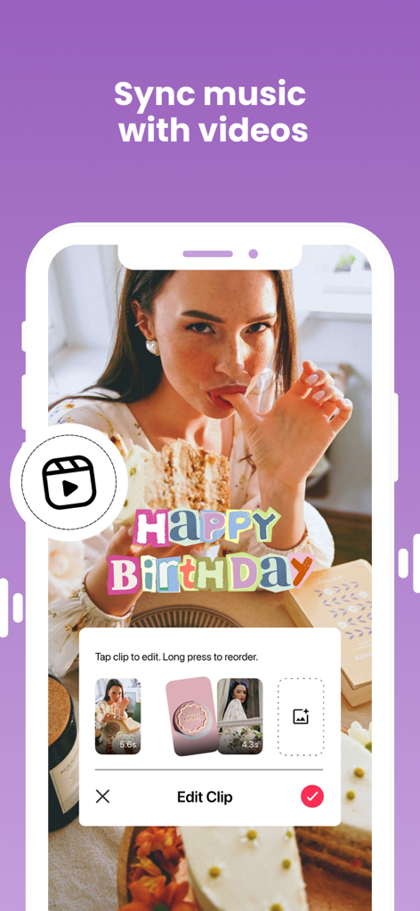 Reels & Story Maker: Storybeat - ソーシャルメディア向けの誕生日ビデオクリップに音楽を同期する方法を示すStorybeatアプリのインターフェース。