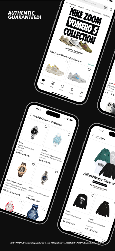 Oberfläche der Kick Avenue Shopping App, die garantierte authentische Sneaker, Luxusuhren und Stussy-Bekleidung anzeigt.
