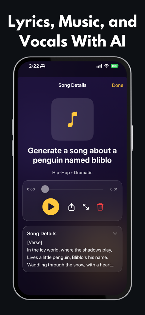AI Song Generator & Maker - Pantalla de teléfono móvil mostrando la aplicación Generador de Canciones con IA con letras generadas y una interfaz de reproductor de música