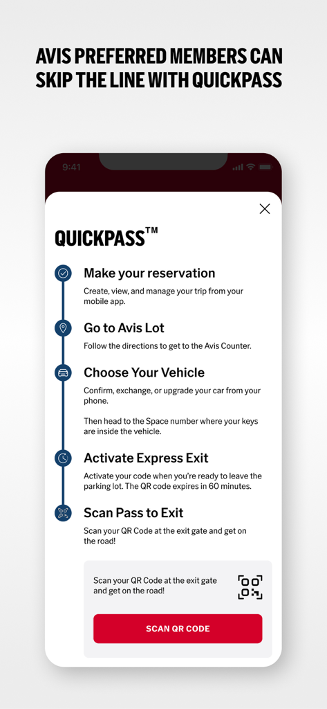 Avis - Car Rental - Avis Preferred QuickPass process showing five steps to skip the rental counter and exit the lot faster.