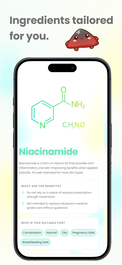 Skin Smart: Smart Beauty - 스킨 스마트 앱의 나이아신아마이드에 대한 자세한 정보(화학 구조 및 피부 효능 포함)를 보여주는 스크린샷