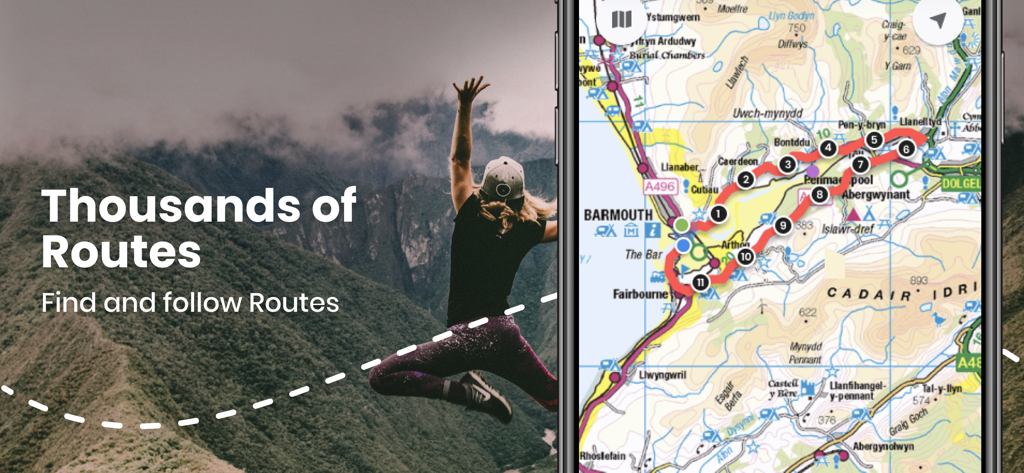 OutDoors GPS app showing a hiking route on an Ordnance Survey map
