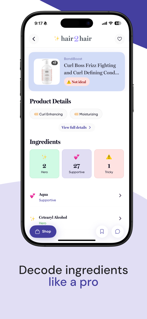 hair2hair - Hair Care Scanner - Una pantalla de smartphone de la aplicación hair2hair analizando ingredientes y compatibilidad de productos para el cabello.