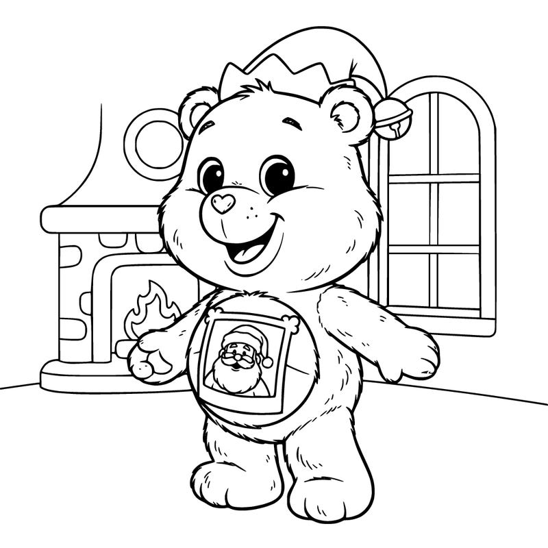 a carebear with a santa hat photo on it's belly and a elf hat on it's  head