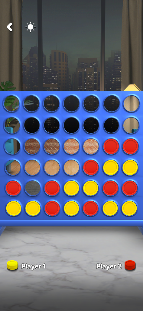 Four In A Row Connect - Pantalla del juego digital Conecta Cuatro que muestra fichas amarillas y rojas con un fondo de ciudad nocturna