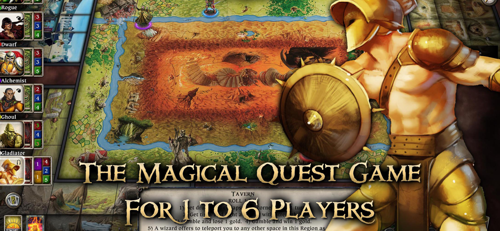 Talisman digital board game gameplay showing the gladiator character and the magical quest map for up to 6 players