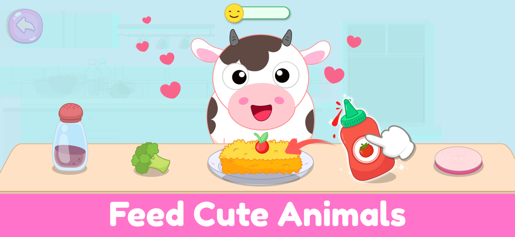 Kids Cooking Games for Toddler - Uma vaca de desenho animado sendo alimentada em um jogo de culinária para bebês com ingredientes interativos como ketchup e vegetais