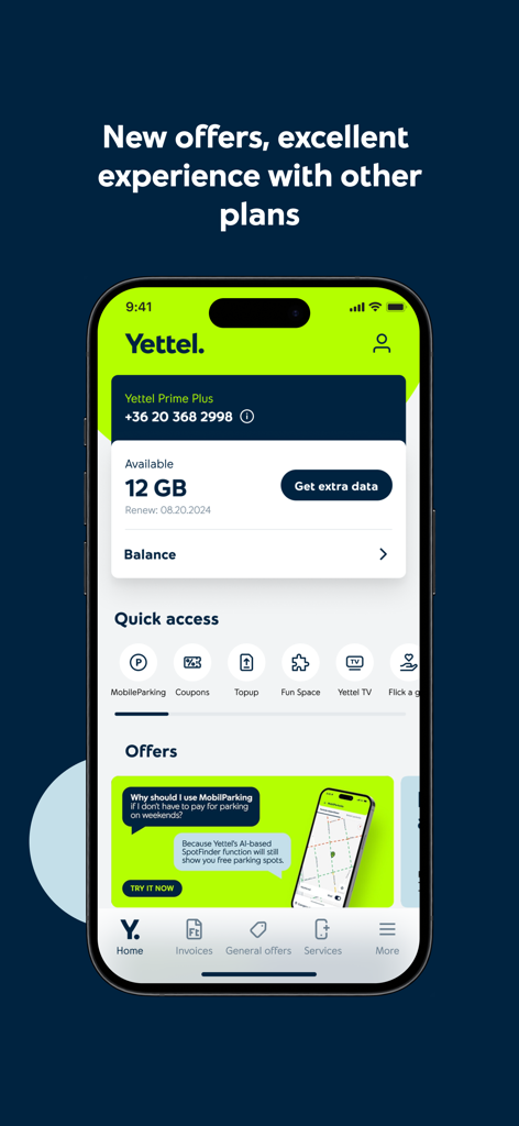 Yettel HU - モバイルデータ残高とクイックアクセスサービスアイコンを表示するYettel HUアプリダッシュボード