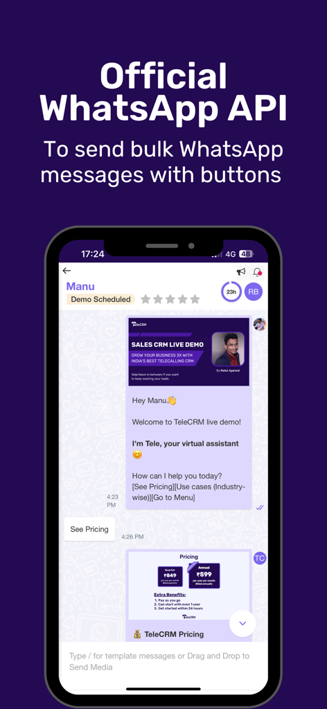 Telecrm: Telecalling Software - Telecrm mobile app screen showcasing official WhatsApp API for bulk messaging with interactive buttons
