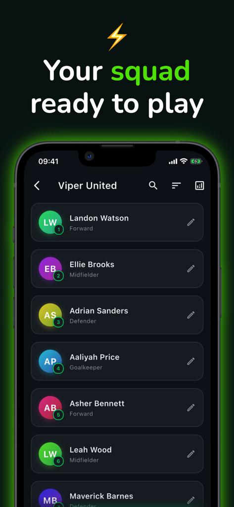 Soccer team roster management interface showing player names and positions