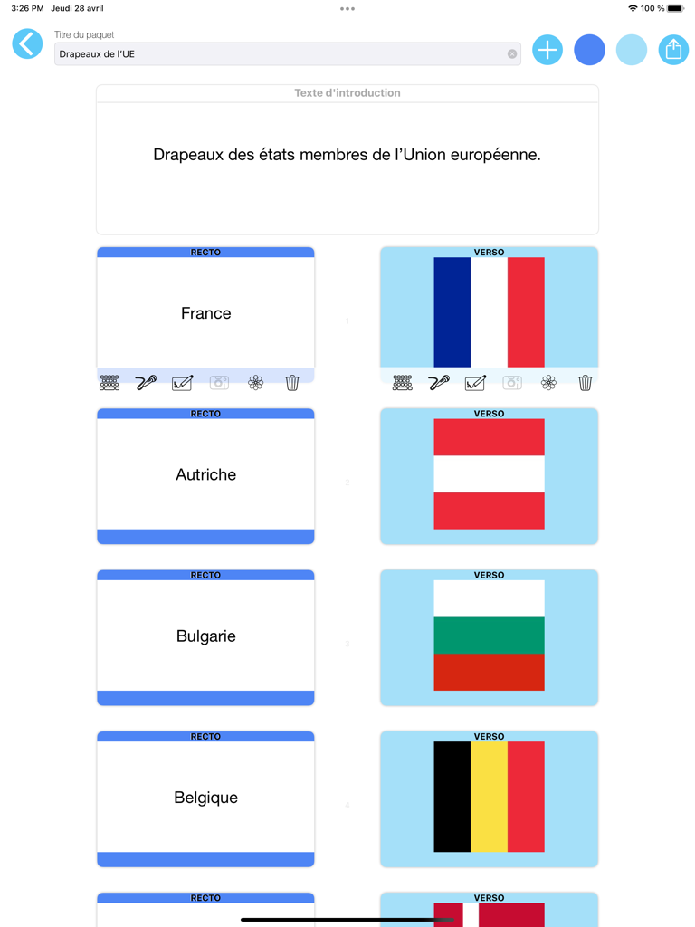 MEMO-CARTES - Editor de tarjetas de memoria en la aplicación MEMO-CARTES mostrando tarjetas personalizadas para aprender banderas con nombres de países e imágenes en un iPad.