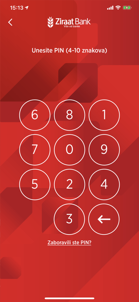 Ziraat Bank BH Mobile login screen with numeric PIN pad for secure access