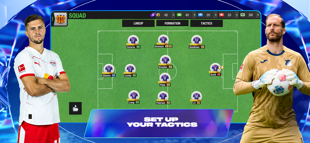 Top Eleven Be a Soccer Manager - Pantalla de gestión de plantilla de Top Eleven que muestra la formación y las tácticas de los jugadores de fútbol