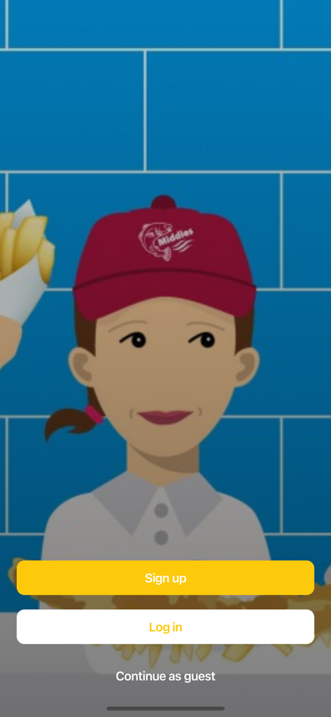 Middies Chippy - Login and signup screen for the Middies Chippy mobile app featuring an illustrated server mascot against a blue tiled background.