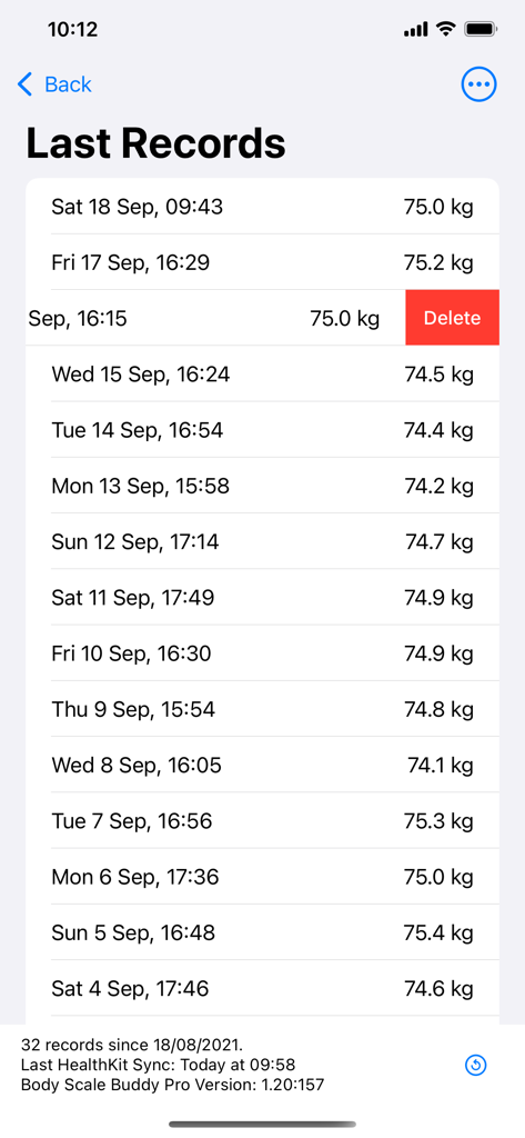 Body Scale Buddy Pro - Liste chronologique des enregistrements de poids corporel récents avec la date et les mesures de poids dans l'application Body Scale Buddy Pro