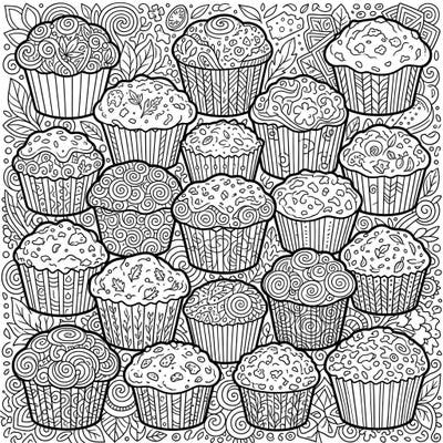 Indulge in a unique coloring experience with this page featuring savory muffins adorned with intricate Zentangle designs. Enjoy the soothing process of bringing these delightful, patterned treats to life, perfect for a moment of creative relaxation.