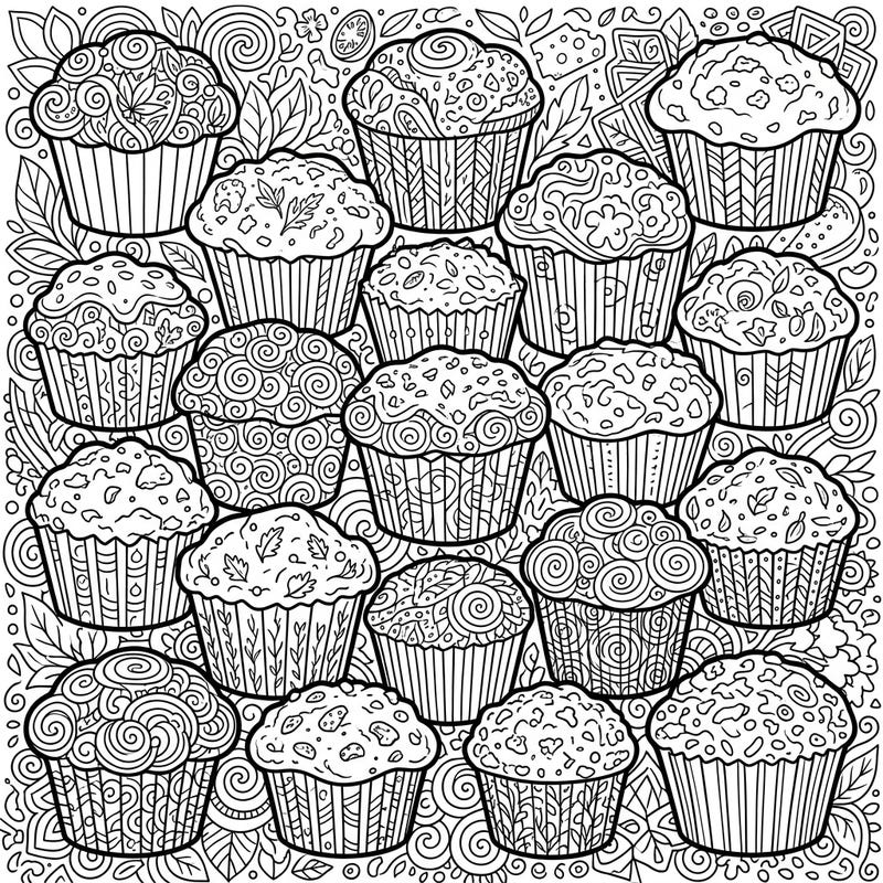 Indulge in a unique coloring experience with this page featuring savory muffins adorned with intricate Zentangle designs. Enjoy the soothing process of bringing these delightful, patterned treats to life, perfect for a moment of creative relaxation.