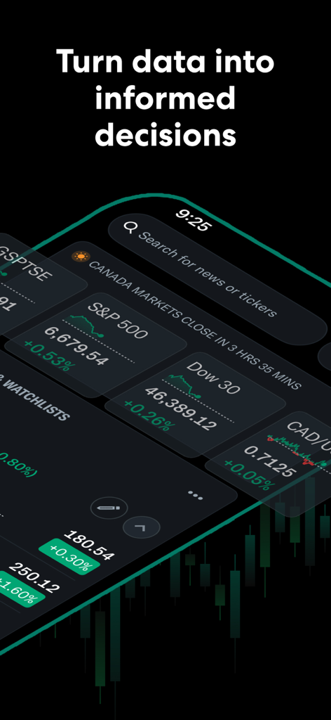 Yahoo Finance: Stocks & News - Panel de la aplicación Yahoo Finance que muestra los índices de mercado S&P 500 y Dow 30 con datos de acciones en tiempo real