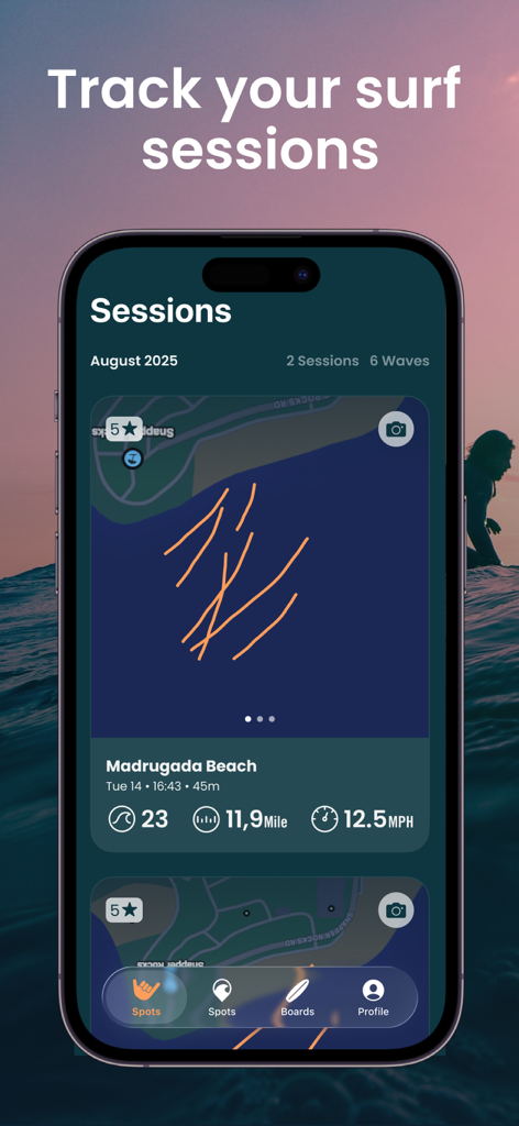 Dawn Patrol app interface displaying surf session data including a wave map and performance statistics