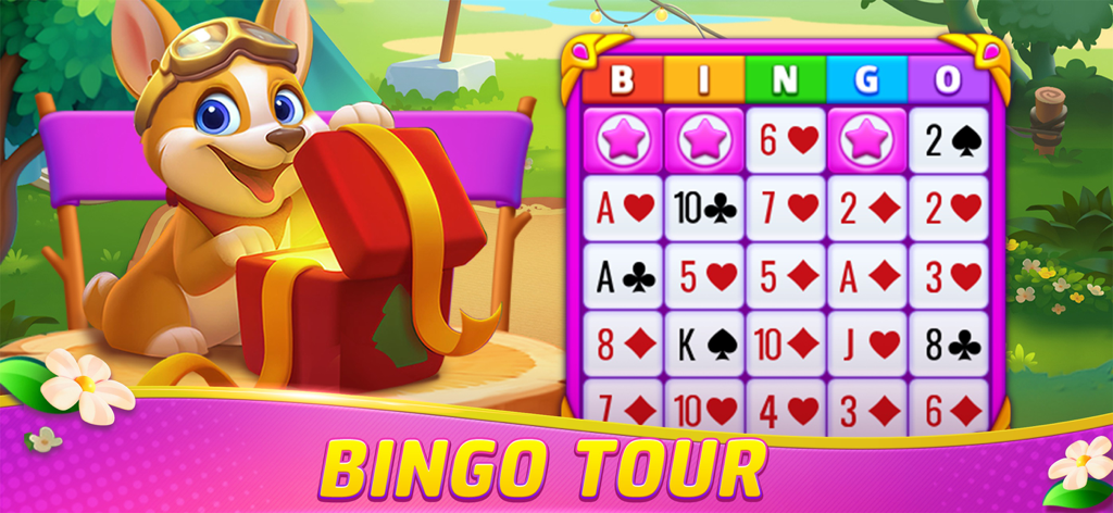 Gin Rummy Frenzy - Card Game - Un lindo perro de dibujos animados abriendo un cofre del tesoro junto a una tarjeta de bingo con cartas de juego.