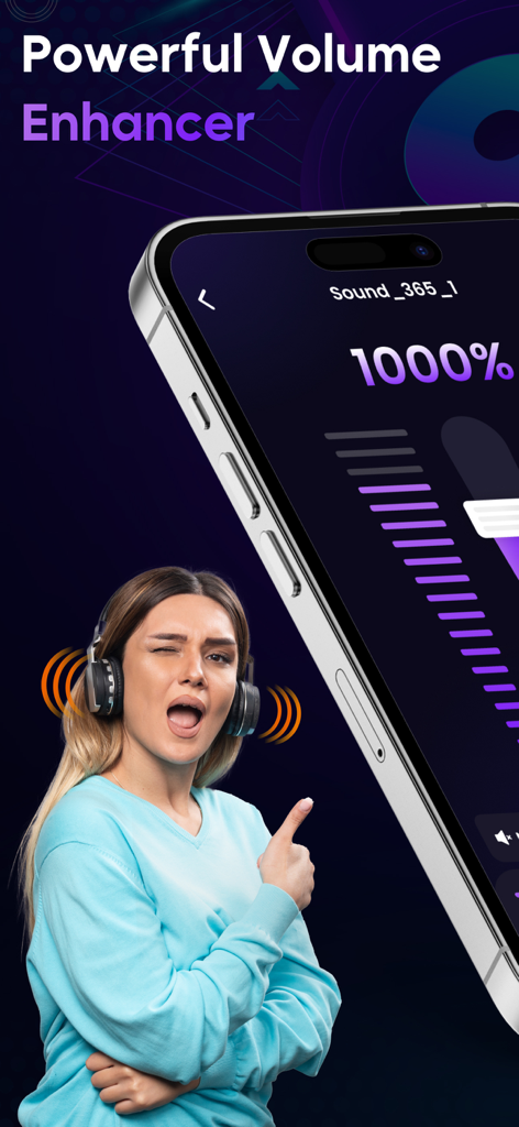 Volume Boost: Louder Sound MAX - A smartphone showing the Volume Boost app interface with a volume slider set to 1000 percent next to a woman wearing headphones.
