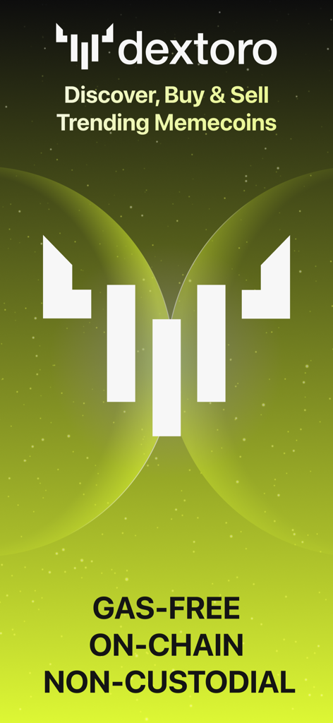 DexToro app screen for discovering buying and selling trending memecoins with gas free on chain and non custodial features