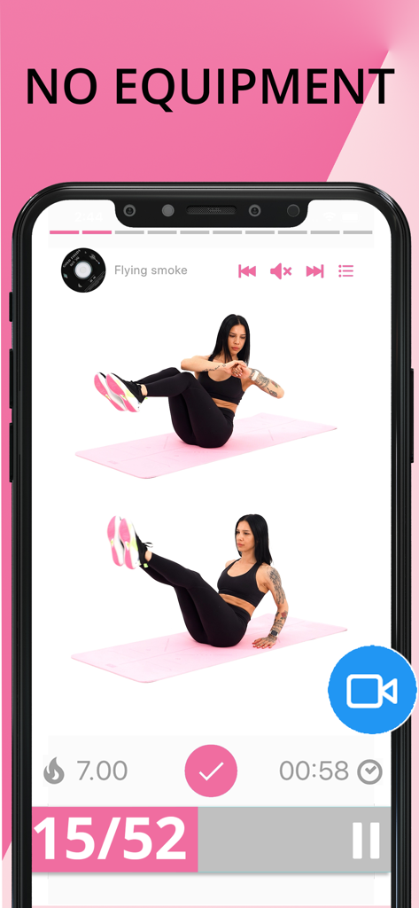 Lose Belly Fat in 30 Days - Mobile app interface showing a woman performing a core exercise with no equipment and a progress tracker