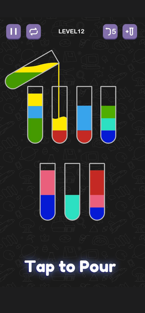Water Sorting Color IQ Puzzle - Una pantalla de juego móvil que muestra agua de colores vertiéndose entre tubos de ensayo en un puzle de lógica