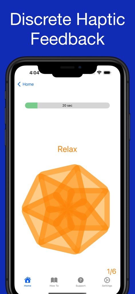 iPhone screen showing a relax phase timer during a kegel workout in the Kratos app with a geometric visual guide