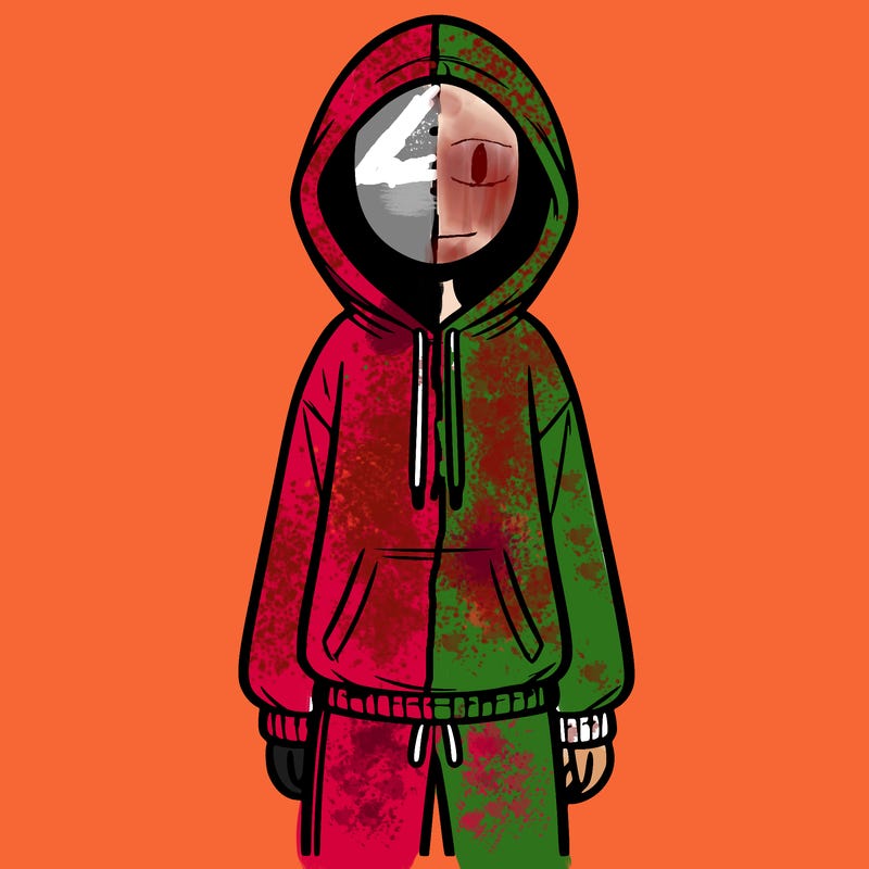 faceless girl in a tracksuit with a hood on and no hair