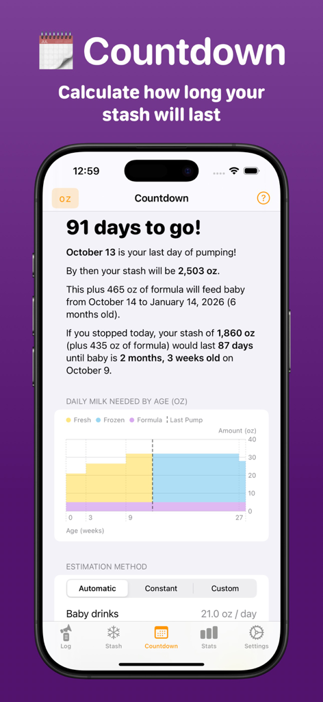 Pump Log® - Track Breast Milk - Pump Log app showing a countdown to a pumping goal with milk stash analytics and projected end date.
