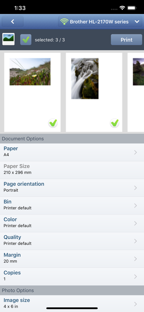 PrintHand Mobile Print Premium - Oberfläche der mobilen App, die Fotoauswahl und Druckeinstellungen für einen Brother-Drucker zeigt