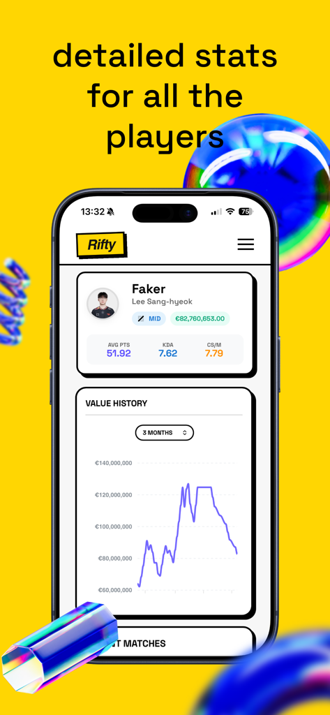 RIFTY - Rifty fantasy app showing detailed player statistics and value history chart
