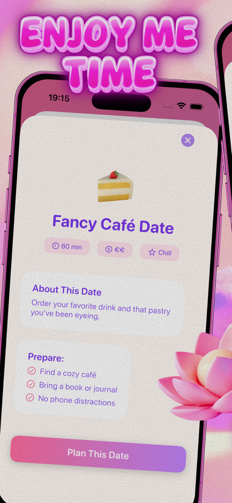 Sunny Blossom Solo - Tela do aplicativo Solo Date Bliss para planejar um Fancy Cafe Date com dicas de autocuidado
