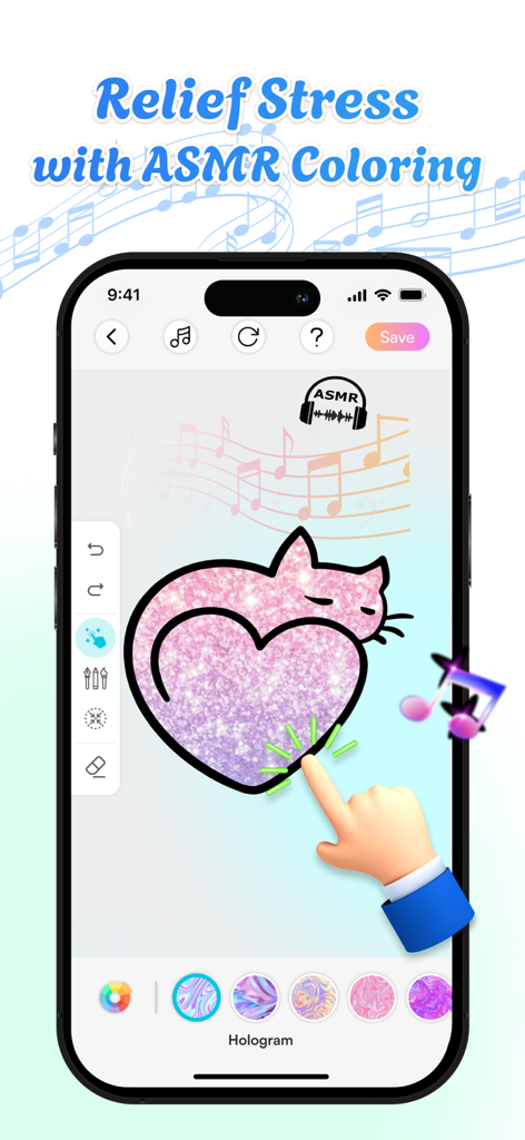 Corly: Color Picker Relax - Corly ASMR 릴렉션 앱에서 홀로그램 팔레트를 사용하여 분홍색 반짝이 고양이 하트를 칠하는 손