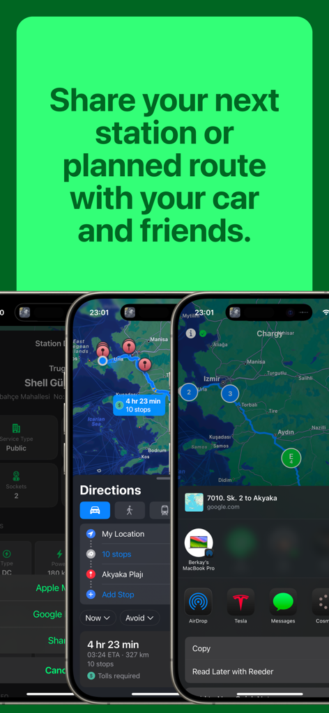 Chargy: EV Charging Stations - Screenshot of Chargy EV Charging Stations app showing route planning and sharing features on iOS
