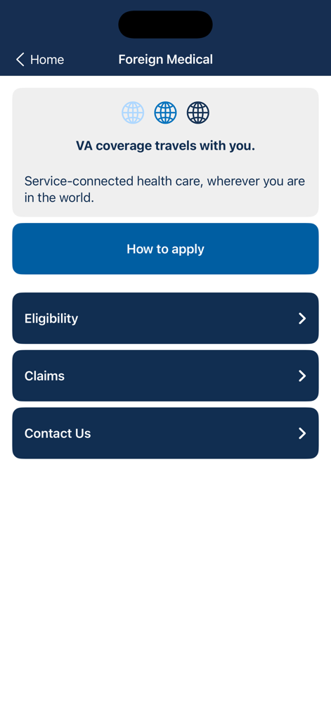 CHAMPVA mobile app interface showing the Foreign Medical program section with options for eligibility and claims