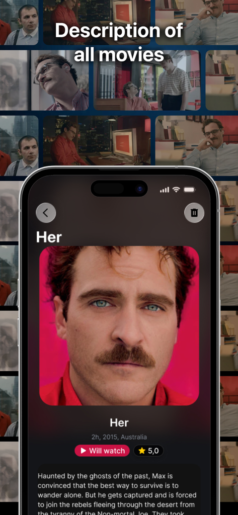 Hit MovieFlix - Hit MovieFlix app showing movie details for the film Her with a synopsis and watchlist button