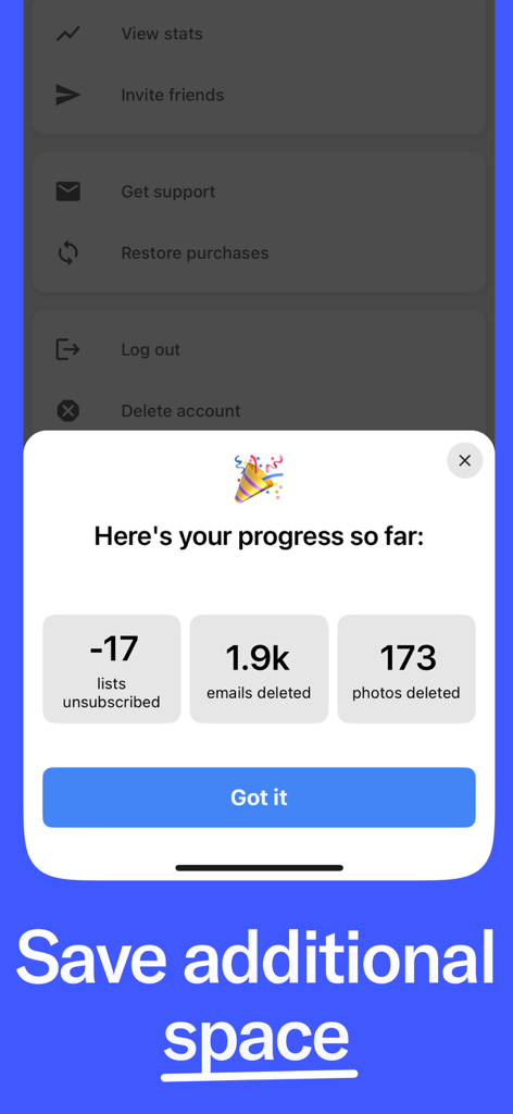 Trimbox: Email Cleaner - Trimbox app summary showing unsubscribed lists and thousands of deleted emails and photos to save space