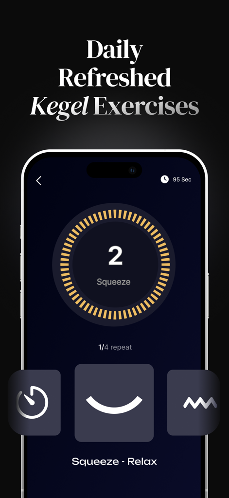 Daily Kegel exercise timer interface on the Alpha app for men showing a squeeze prompt and progress circle