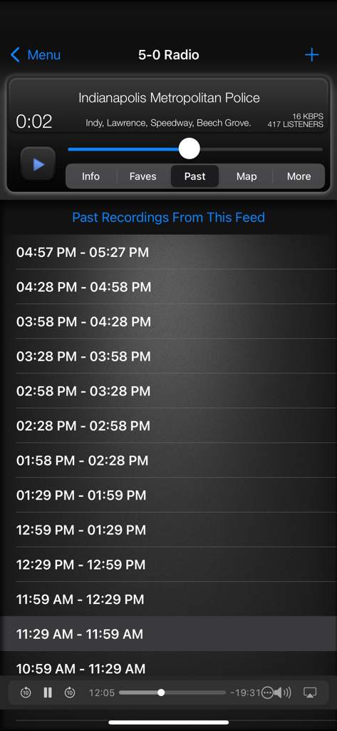 5-0 Radio Pro Police Scanner - Uma lista de gravações de áudio passadas da transmissão da Polícia Metropolitana de Indianápolis dentro do aplicativo 5-0 Radio Pro.